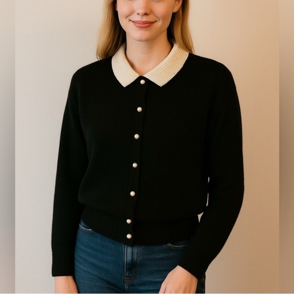 Robert Scott LTD Black Sweater with Pearl White Beaded Collar Womens size Medium - Picture 1 of 14
